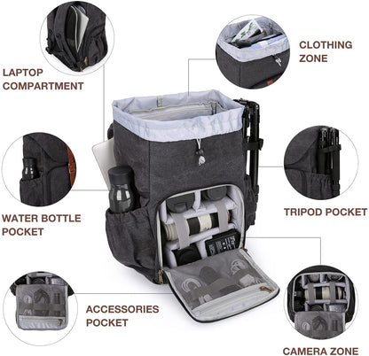 Camera Backpack, DSLR SLR Waterproof Camera Bag, Anti-Theft Photography Backpack with 15 Inch Laptop Compartment, Tripod Holder & Rain Cover, Black