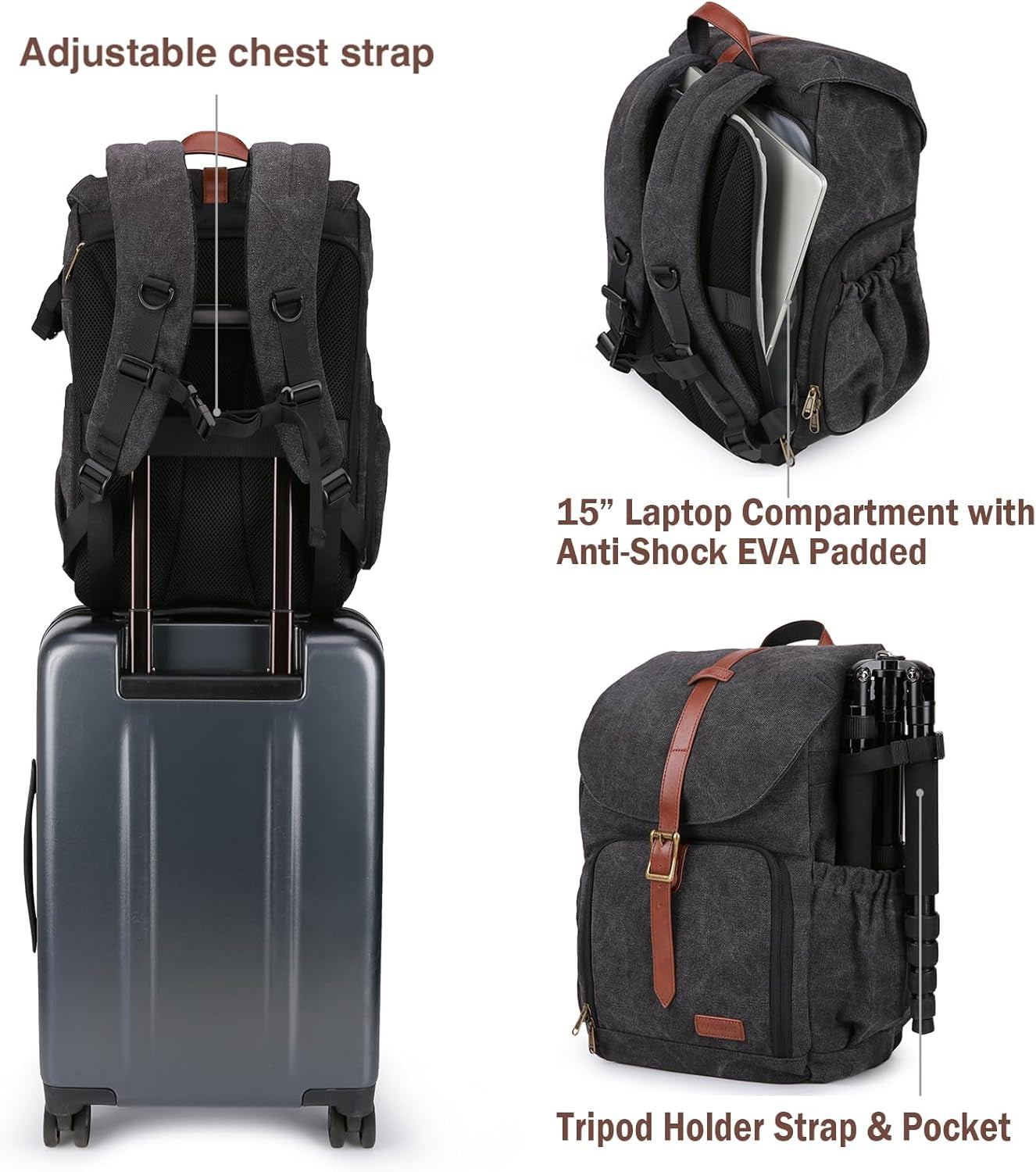 Camera Backpack, DSLR SLR Waterproof Camera Bag, Anti-Theft Photography Backpack with 15 Inch Laptop Compartment, Tripod Holder & Rain Cover, Black